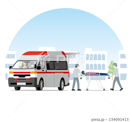 救急車、救急搬送、救急隊のセット 街並み 救急車、救急搬送、救急隊のセット 街並み 134091413