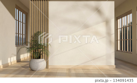Empty white wall with a potted plant in the middle of a wooden parquet floor corridor of a building. 134091435