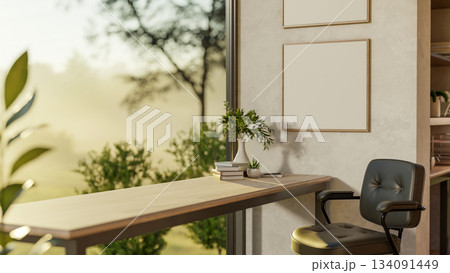 Books and vase on a wooden table with a leather armchair in a glass wall room with scenery outside. Books and vase on a wooden table with a leather armchair in a glass wall room with scenery outside. 134091449