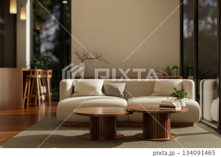 White fabric sofa and wooden round stool tables on grey carpet in a glass wall cafe or hotel lounge. 134091465
