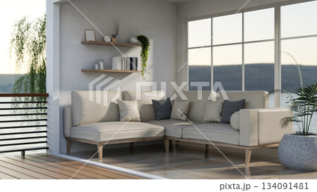 White leather sofa in a living room or bedroom with mountain and river view outside the windows. 134091481
