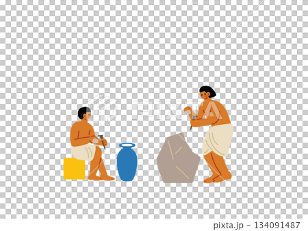 Ancient people making stone tools Ancient people making stone tools 134091487