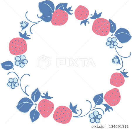 レトロ風のシンプルでポップなイチゴの丸いフレーム 134091511