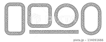Greek doodle frames set. Hand drawn roman circle, oval and rectangle frame. Greek or Roman ancient motif border design. Ancient ornament elements. Vector illustration isolated on white background 134091666