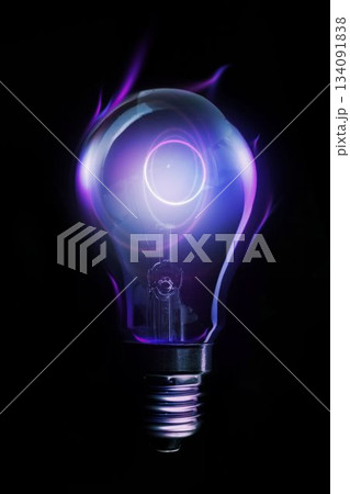 3D render is showing incandescent bulb with glowing purple-blue plasma arcs on dark background 3D render is showing incandescent bulb with glowing purple-blue plasma arcs on dark background 134091838