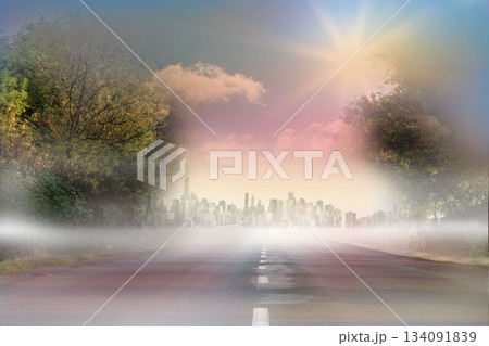 Sunny road leading to city Sunny road leading to city 134091839