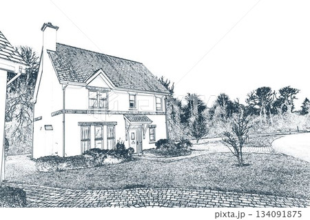 Two-story house is being shown in line-art illustration, with shingle roof and curved driveway 134091875