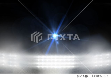 Bright blue-white spotlight is creating lens flare in 3D render with fog, floodlights, copy space Bright blue-white spotlight is creating lens flare in 3D render with fog, floodlights, copy space 134092007