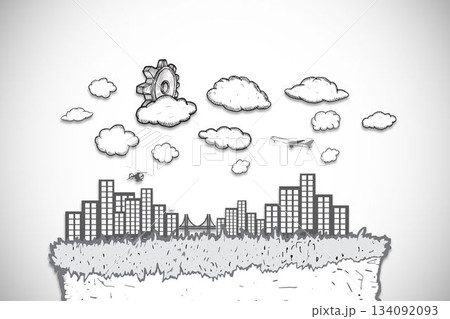 Showing monochrome sketch grass island with skyline, bridge, gear cloud and aircraft copy space Showing monochrome sketch grass island with skyline, bridge, gear cloud and aircraft copy space 134092093