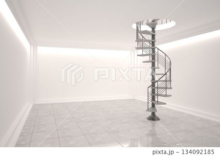 Digitally generated room with winding staircase 134092185