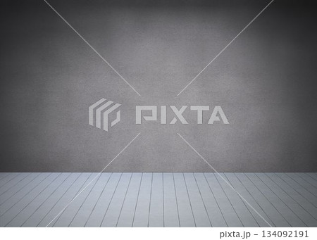 Empty textured gray wall and plank floor are creating flat design studio backdrop, copy space 134092191