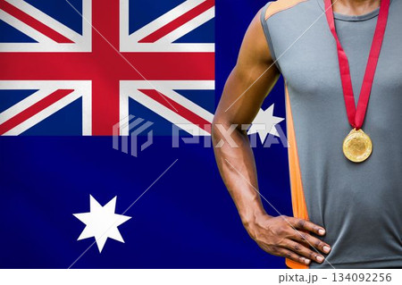 Midsection of medalist against Australian Flag 134092256