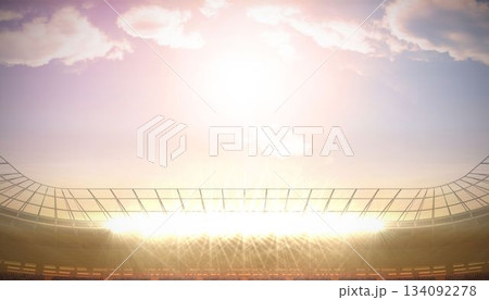 Flat design open-air stadium is showcasing curved canopy with floodlights, stands and railings Flat design open-air stadium is showcasing curved canopy with floodlights, stands and railings 134092278