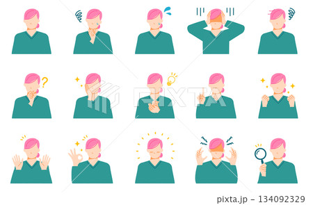若い一般女性の困る悩む喜ぶなどの表情イラストセット。フラットデザイン。 134092329