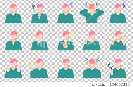 A set of facial expressions of young women, including troubled, worried, happy, etc. Flat design. 134092329