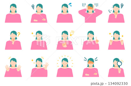 若い一般女性の喜怒哀楽などの表情イラストセット。フラットデザイン。 134092330