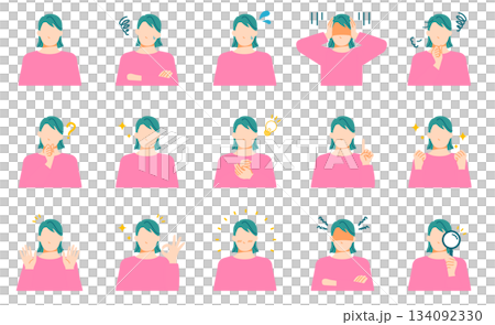 若い一般女性の喜怒哀楽などの表情イラストセット。フラットデザイン。 134092330