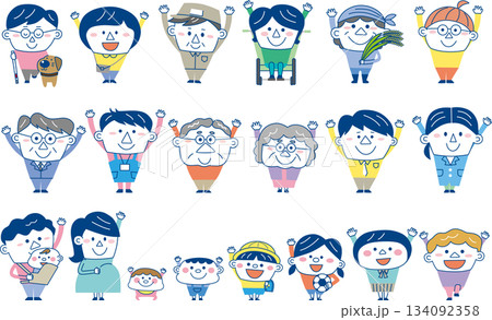 多世代・多様性コミュニティの人々｜子どもから高齢者・外国人・車椅子利用者・盲導犬まで描いたベクターイ 134092358