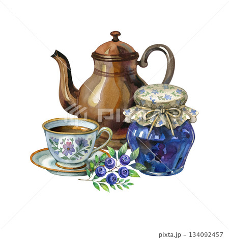 Watercolor composition with a vintage teapot, floral tea cup, blueberry jam jar and fresh berries. Cozy rustic still life perfect for packaging, kitchen d cor, menus, caf branding and greeting designs 134092457