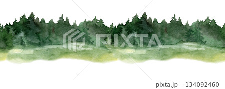 Watercolor seamless forest border with deep green trees, soft mist and natural gradient tones. Ideal for eco designs, packaging, children s products, prints, textiles, invitations and branding Watercolor seamless forest border with deep green trees, soft mist and natural gradient tones. Ideal for eco designs, packaging, children s products, prints, textiles, invitations and branding 134092460