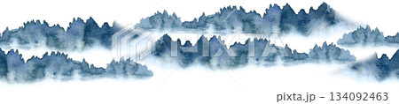 Watercolor seamless mountain border with misty blue silhouettes and soft gradients. Atmospheric landscape edge perfect for nature-themed designs, travel projects, packaging, textiles and creative Watercolor seamless mountain border with misty blue silhouettes and soft gradients. Atmospheric landscape edge perfect for nature-themed designs, travel projects, packaging, textiles and creative 134092463