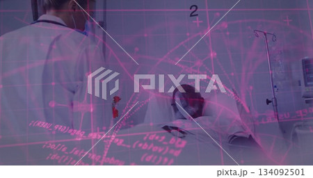 Monitoring woman doctor assessing breathing via oxygen mask on hospital bed displaying data overlay Monitoring woman doctor assessing breathing via oxygen mask on hospital bed displaying data overlay 134092501