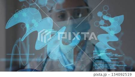Scientist wearing protective gear analyzing holographic DNA in lab, with code streams and diagrams Scientist wearing protective gear analyzing holographic DNA in lab, with code streams and diagrams 134092519
