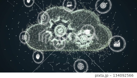 Displaying cloud icon glowing with gears and graduation cap in dark network with concept icons Displaying cloud icon glowing with gears and graduation cap in dark network with concept icons 134092566