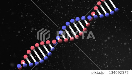 Displaying DNA double helix in digital space, with red-blue nodes, connecting rods, particles 134092575