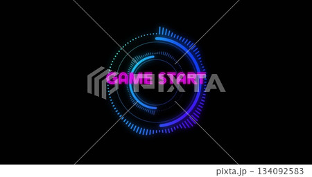 Displaying neon HUD rings and segmented arcs rotating on black background, with magenta GAME START 134092583