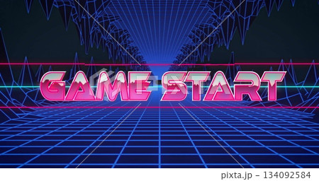 Image of retro neon Game Start text over grid pattern with geometric shapes 134092584