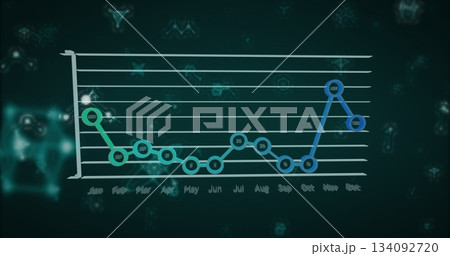 Displaying line chart featuring colored data points, gridlines, tech icons on UI, with month labels 134092720