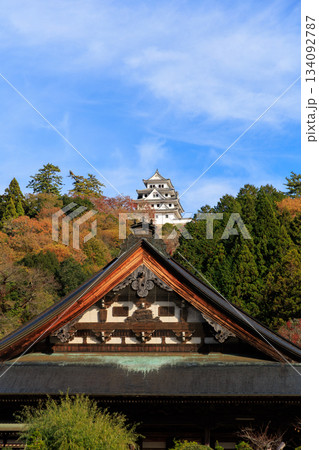 寺院の屋根越しに郡上八幡城を望む秋の山と青空の風景 134092787