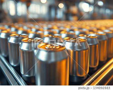 Automatic beverage production line filled with aluminum cans lined up on a conveyor belt. AI Generated. 134092883