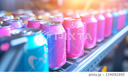 Colorful cans on automated production line in modern factory. AI Generated. 134092895