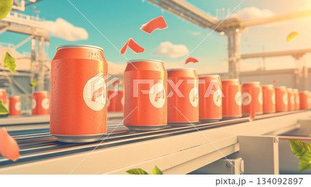 3D Illustration of aluminium cans. Streamlined factory line for drink can production. AI Generated. 134092897