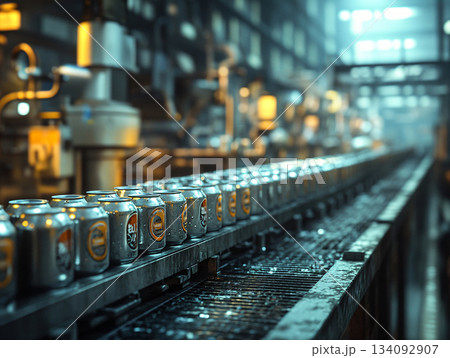 Automatic beverage production line filled with aluminum cans lined up on a conveyor belt. AI Generated. 134092907