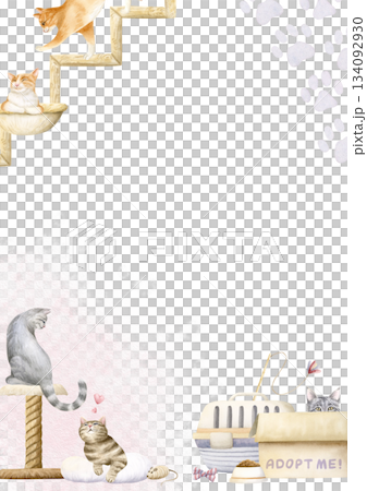 Cats adoption vertical frame watercolor isolated illustration. Hand drawn pet template with copy space. Funny and cute orange and gray domestic animals in various poses with toys and accessories 134092930