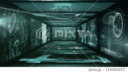 Displaying glowing silhouette engaging with holographic data in research corridor, with DNA helix 134092957