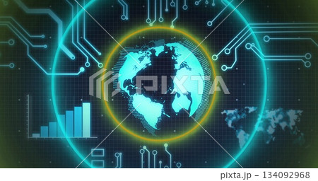 Displaying neon-blue Earth globe on virtual interface, with rings, grid and bar chart Displaying neon-blue Earth globe on virtual interface, with rings, grid and bar chart 134092968