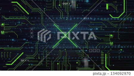 Streaming binary digits and neon-green traces moving across cyber interface, forming glowing X 134092970