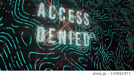 Showing white ACCESS DENIED text with red X on computer screen with neon teal contour lines 134092971
