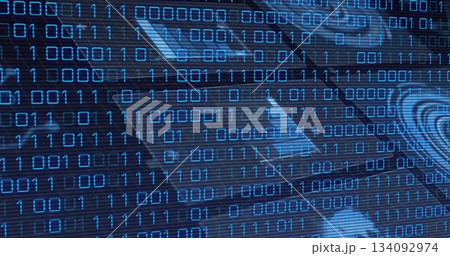 Displaying binary digits cascading across digital interface, with circuit traces and data vortex 134092974