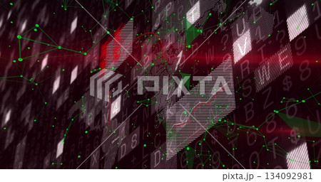 Forming central pixel cluster connecting green network nodes on digital screen, with red streaks 134092981