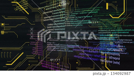 Displaying interface graphic on screen blending JavaScript HTML code and yellow circuit traces Displaying interface graphic on screen blending JavaScript HTML code and yellow circuit traces 134092987