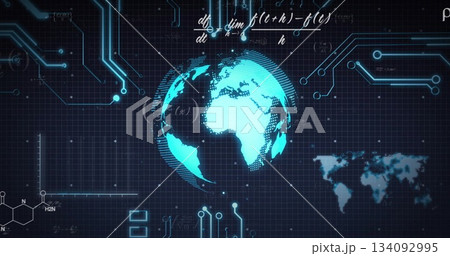 Rotating cyan globe glowing in digital grid, with circuit traces, map silhouette and math equations 134092995