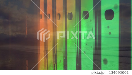 Displaying translucent color bands overlaying shoreline at dusk, with round cutouts, dot motifs Displaying translucent color bands overlaying shoreline at dusk, with round cutouts, dot motifs 134093001