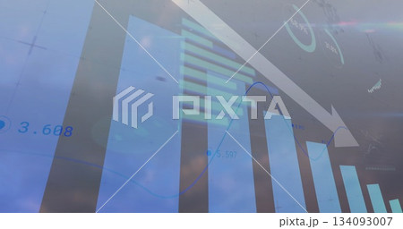 Declining vertical bars sliding down across screen, with curved line graph, arrow and percentages 134093007