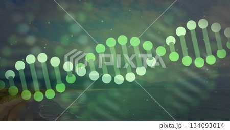 Floating digital DNA double helix hovering above coastal shoreline, blending science with nature 134093014