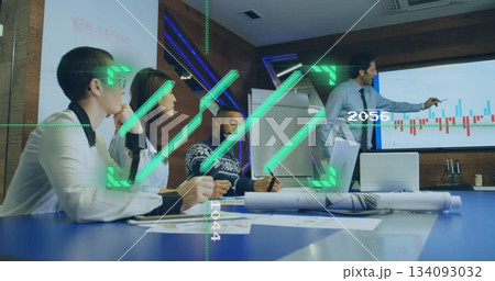 Pointing presenter wearing tie highlighting data graph on screen in meeting room, copy space 134093032